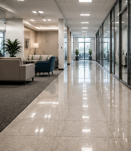 Modern office hallway with glass walls, polished floors, and a lounge seating area on the left