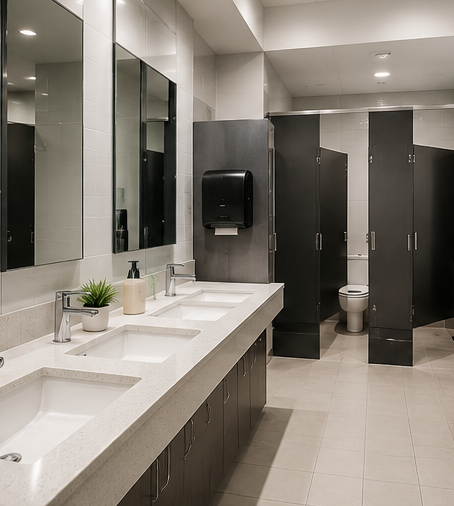 Modern restroom with double sinks, mirrors, stalls, and black and white finishes