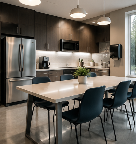 Modern kitchen with stainless steel appliances, dark cabinets, and a dining table with black chairs