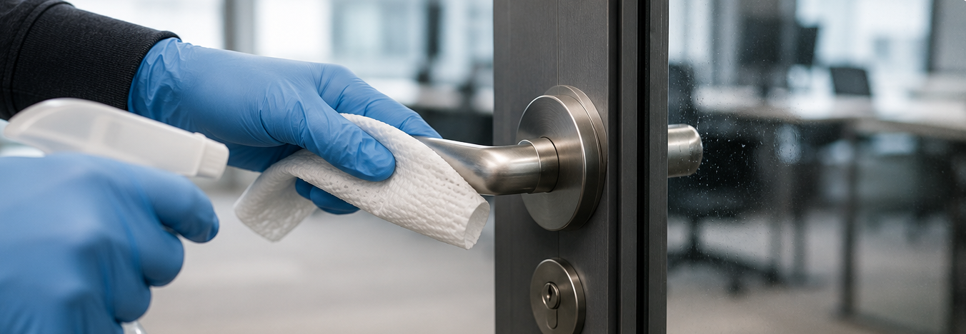 Blue-gloved hands disinfecting a door handle with a cleaning wipe in an office setting