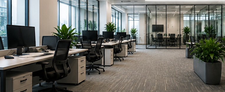 Modern open-plan office with desks, computers, glass walls, and large potted plants