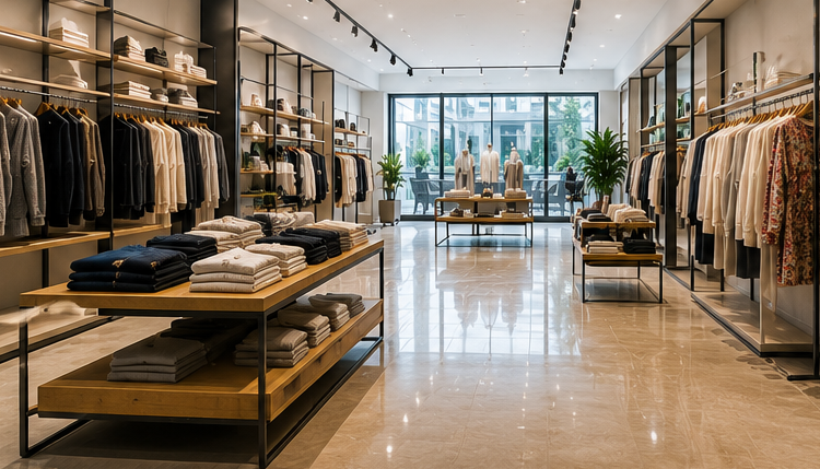 Modern clothing store interior with racks of apparel, folded garments, and a bright lounge area in back