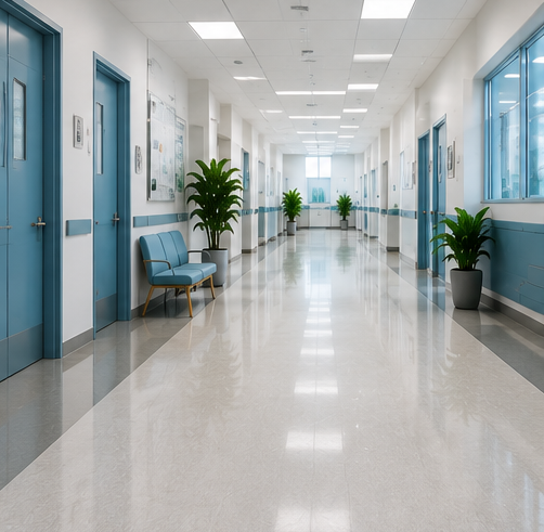 Bright hospital hallway with blue doors, chairs, potted plants, and glossy floors