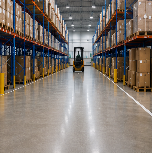 Warehouse aisle with tall blue-and-orange racks and a forklift at the far end