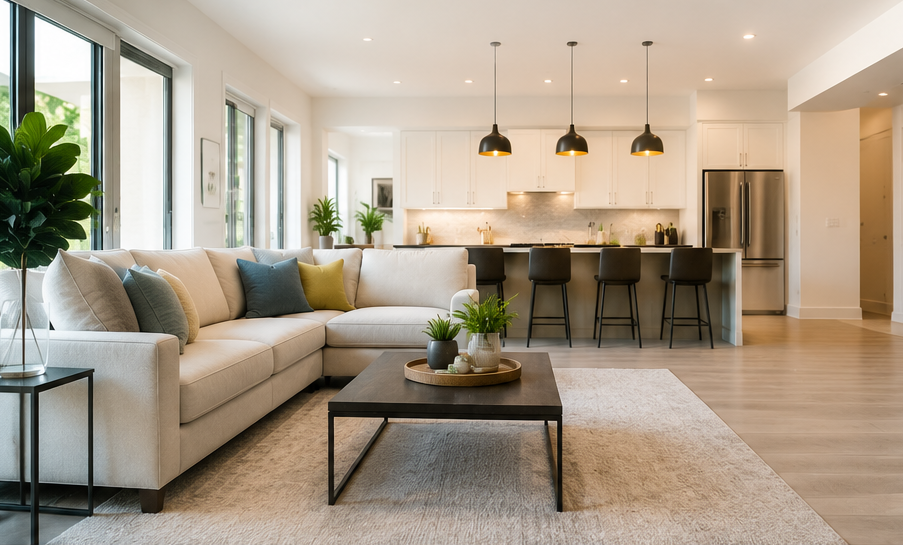 Bright open-plan living room with beige sectional, coffee table, island seating, and pendant lights