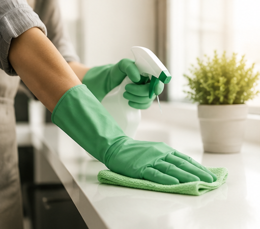 Green-gloved hands spraying and wiping a white countertop with a cloth