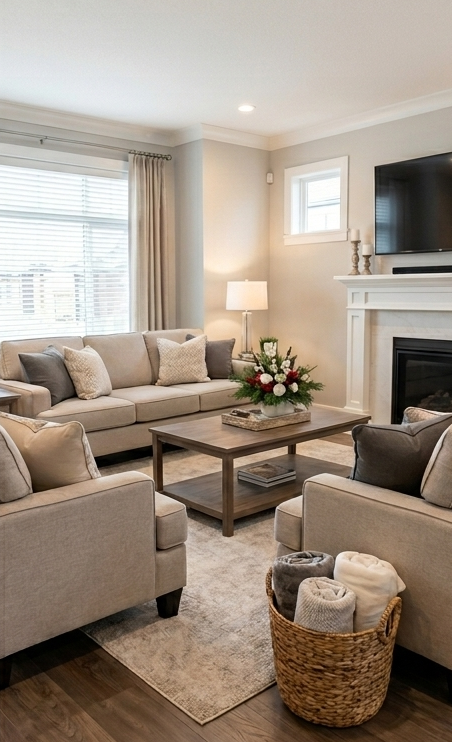 Cozy beige living room with sofa, armchairs, coffee table, lamp, fireplace, and TV.