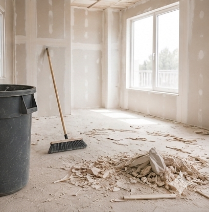 Renovation room with drywall patches, broom, trash bin, and debris on the floor near a window.