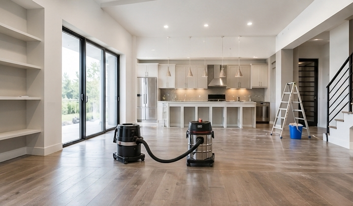 Empty modern kitchen-living space with a vacuum cleaner on the hardwood floor and sliding glass doors.