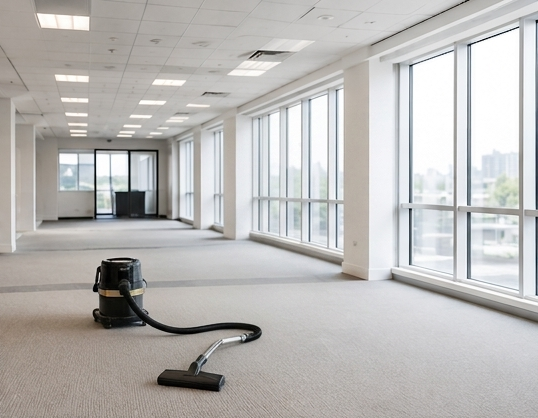 Vacuum cleaner in an empty office space with large windows and carpeted floor