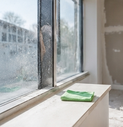 Green cloth on a white windowsill beside a foggy window in an unfinished room