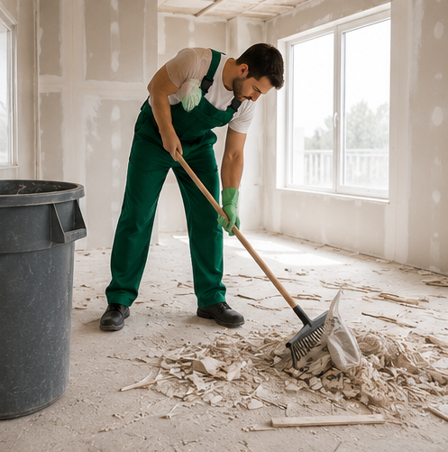 Worker in green overalls sweeping drywall debris in a bright unfinished room.