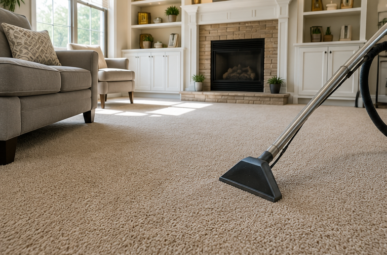 Carpet cleaner in a beige living room near a fireplace and sofa