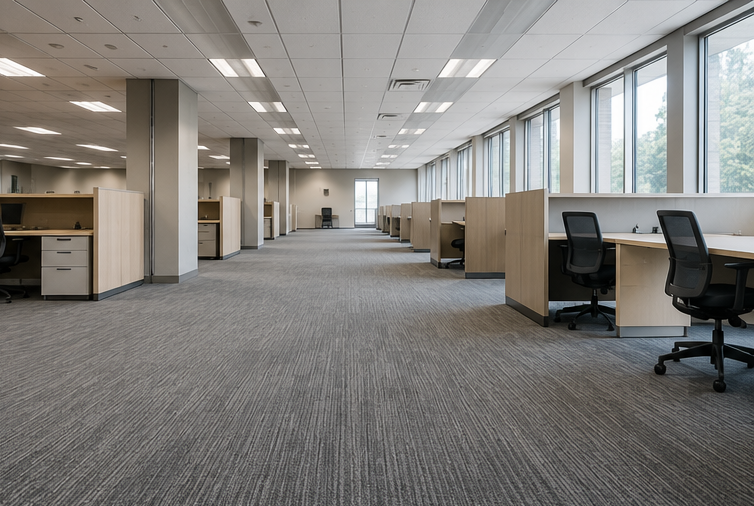 Empty modern office with rows of cubicles, carpeted floor, and large windows letting in natural light