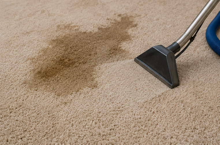 Carpet being cleaned with a vacuum nozzle beside a brown stain