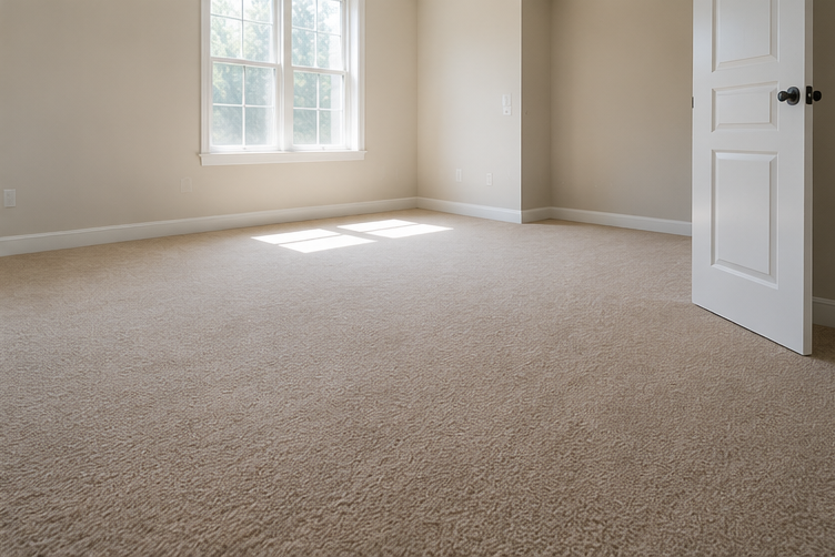 Empty beige carpeted room with white walls, window light, and an open door