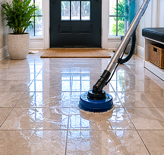 Person cleaning a glossy tiled entryway floor with a blue floor scrubber near a front door