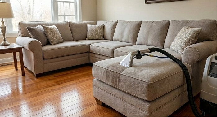 Beige sectional sofa on hardwood floor in a bright living room with a vacuum hose draped over the ottoman
