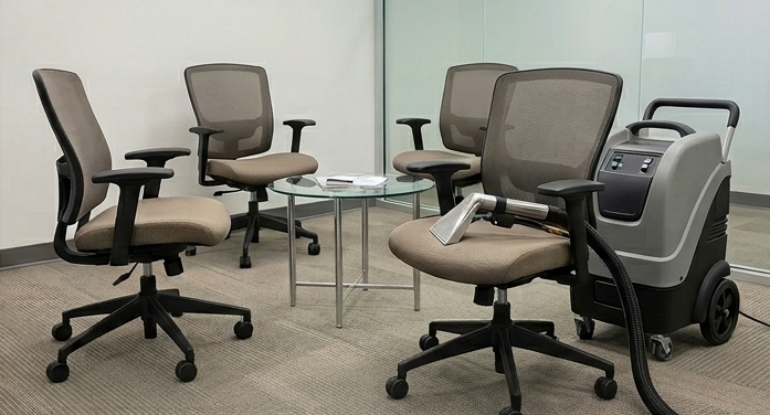 Four office chairs around a small table, with a mobility scooter on the right in a carpeted room.