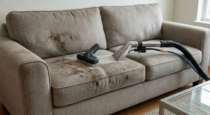 Beige sofa with a vacuum cleaner hose and brush resting on the cushions in a living room.