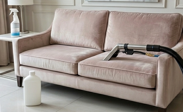 Living room sofa being cleaned with a vacuum; spray bottle and cleaning supplies nearby