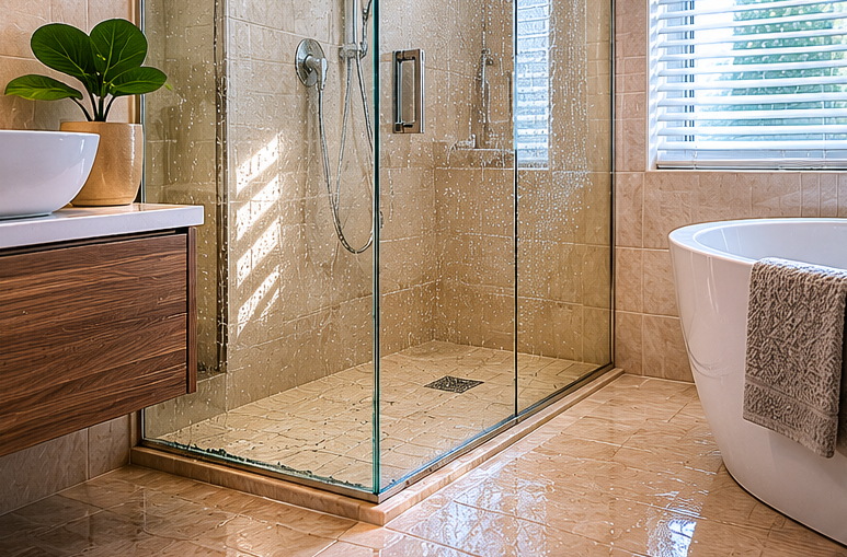 Modern bathroom with glass shower, freestanding tub, and beige tile floor
