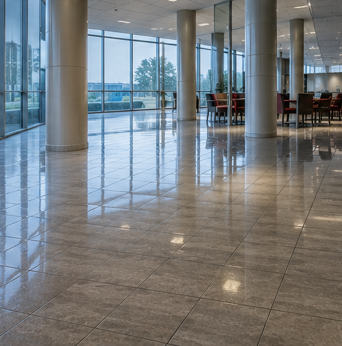 Empty modern lobby with glossy marble floors, glass walls, and rows of chairs overlooking a city view