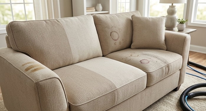 Beige sofa with cushions in a bright living room near a window.