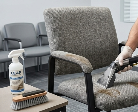 Person cleaning a gray office chair with spray and brush in a waiting room