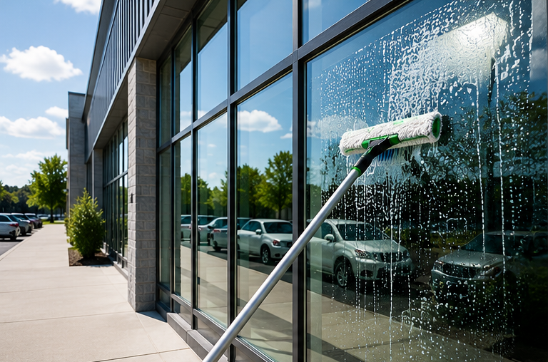 Window cleaner washing reflective office building glass with a long squeegee on a sunny day
