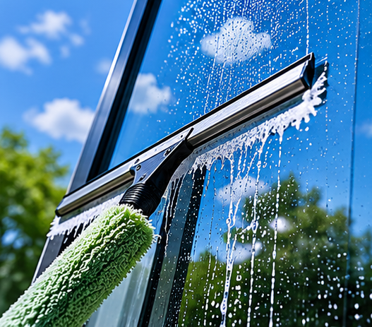Green squeegee cleaning a blue glass window with soap and water