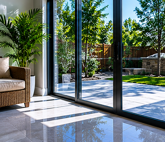 Sunlit living room with wicker chair, potted plant, and large glass doors opening to a patio and green garden