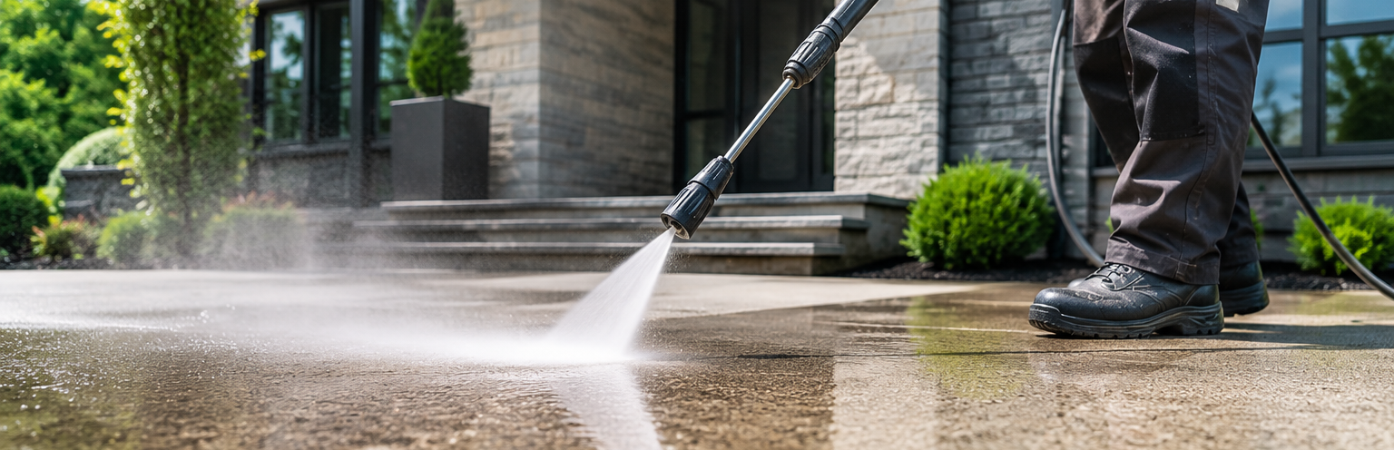 Person pressure-washing wet pavement beside a building entrance, spraying water across the ground.