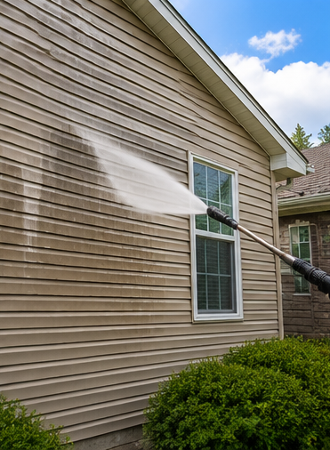 Person pressure-washing beige vinyl siding on a house outside