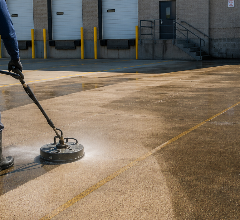 Worker pressure-washing a sunlit concrete loading dock near warehouse doors