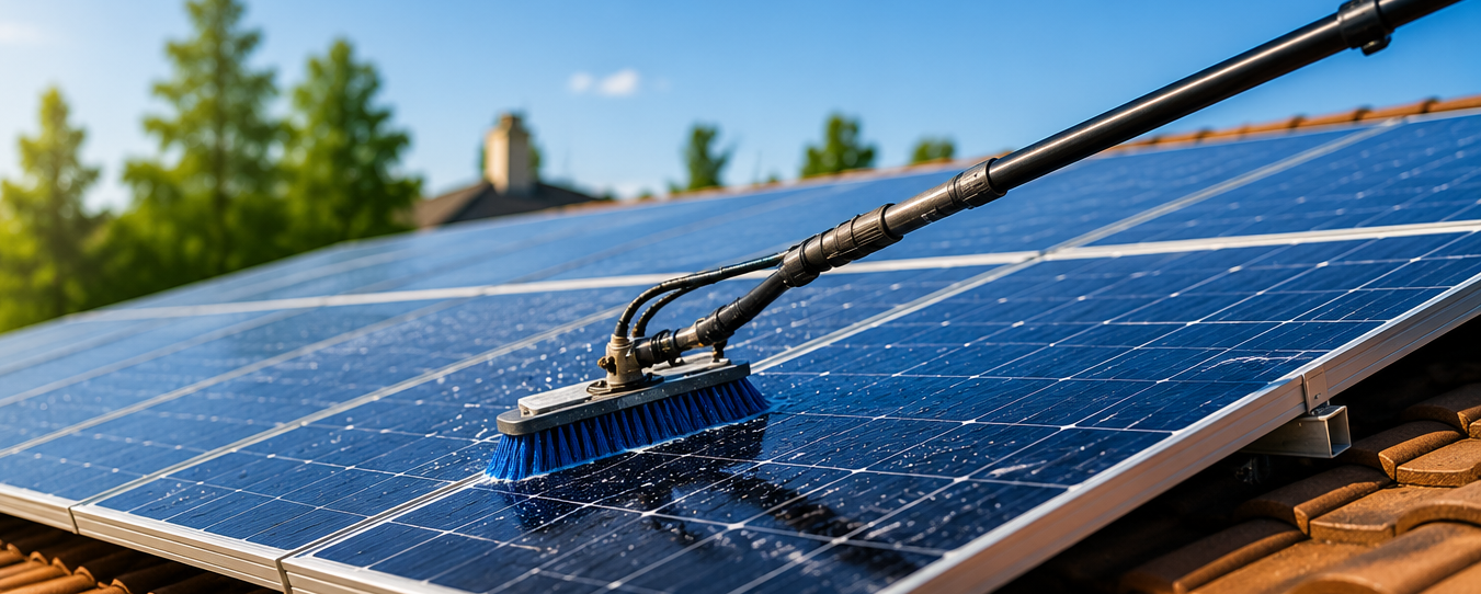 Solar panels being cleaned with a brush on a rooftop under sunlight.