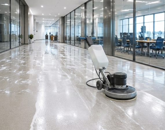 Robot floor buffer polishing a shiny office hallway beside glass-walled conference rooms.