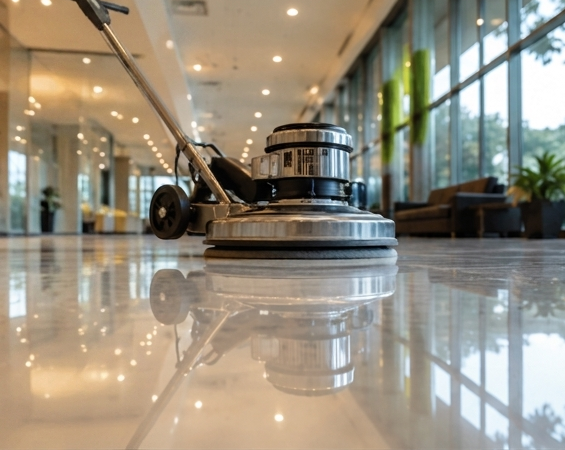 Janitor in blue uniform mopping a bright office floor beside a cleaning machine and large windows