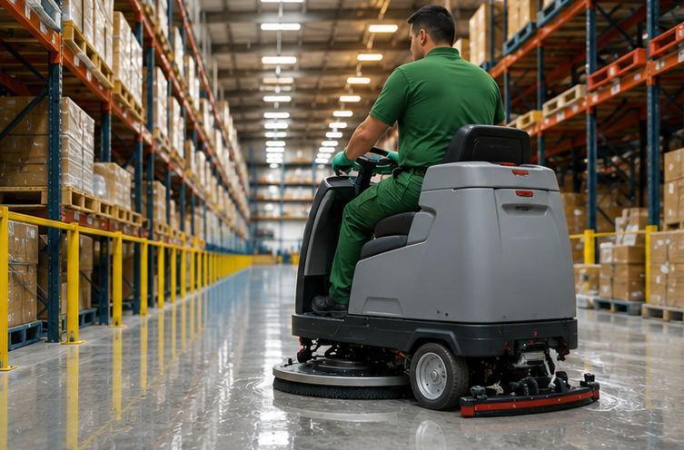 Warehouse worker in green uniform riding a floor scrubber through a warehouse aisle