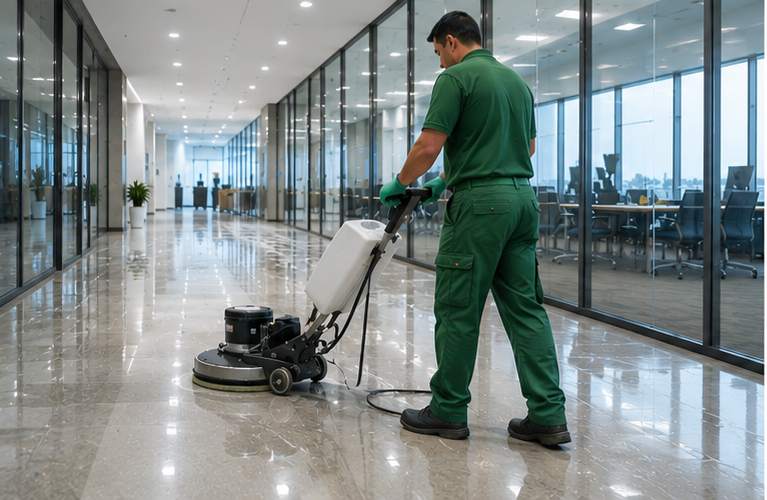 Janitor operating floor buffer in a bright office hallway with glass walls