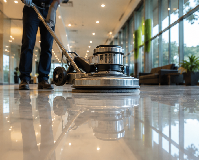 Floor buffer polishing a glossy lobby floor, with a worker's legs visible in the background