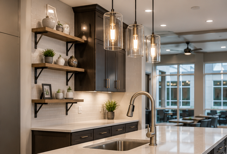 Modern kitchen with dark cabinets, open shelves, pendant lights, and a marble island sink