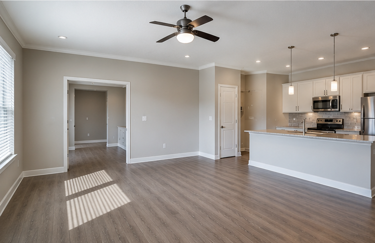 Bright open-plan living room and kitchen with wood floors, white cabinets, ceiling fan, and large windows