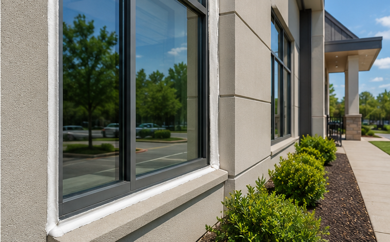 Exterior of a modern building with large windows, beige walls, and neatly trimmed shrubs along the walkway