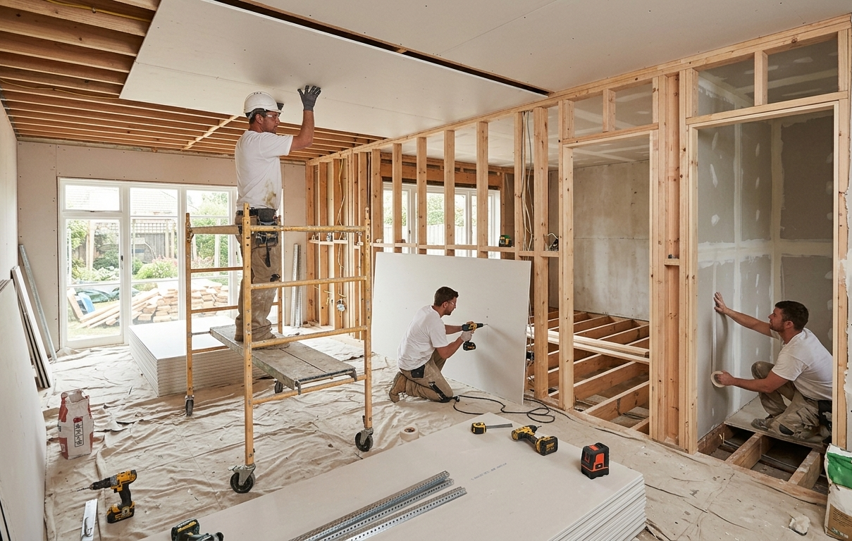 Workers framing interior walls during home renovation, with tools and drywall materials scattered on the floor.