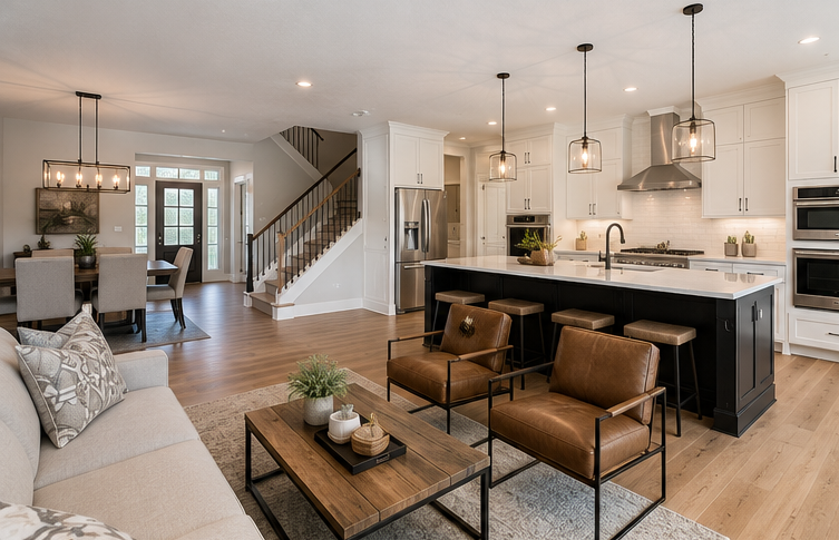 Bright open-concept kitchen and living room with island, pendant lights, dining area, and staircase