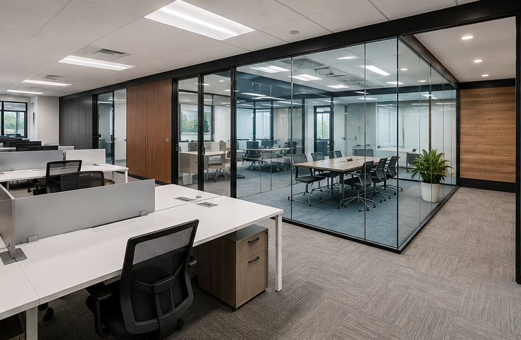 Modern open-plan office with desks, glass meeting room, black chairs, and carpeted flooring