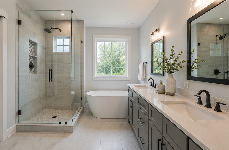 Modern bathroom with glass shower, freestanding tub, vanity, and large window