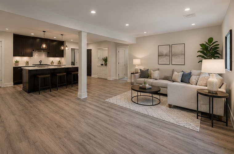 Modern open-concept living room with gray sofa, coffee tables, kitchen island, and warm recessed lighting