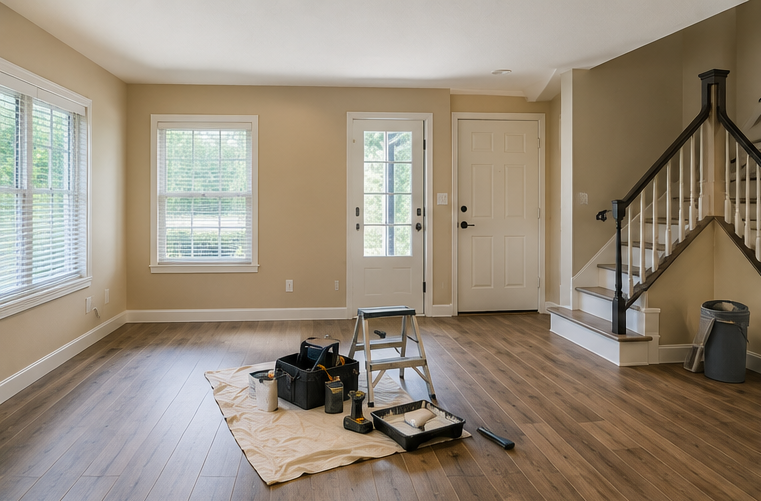Empty living room with hardwood floors, beige walls, windows, stairs, and tools on a drop cloth near the center.